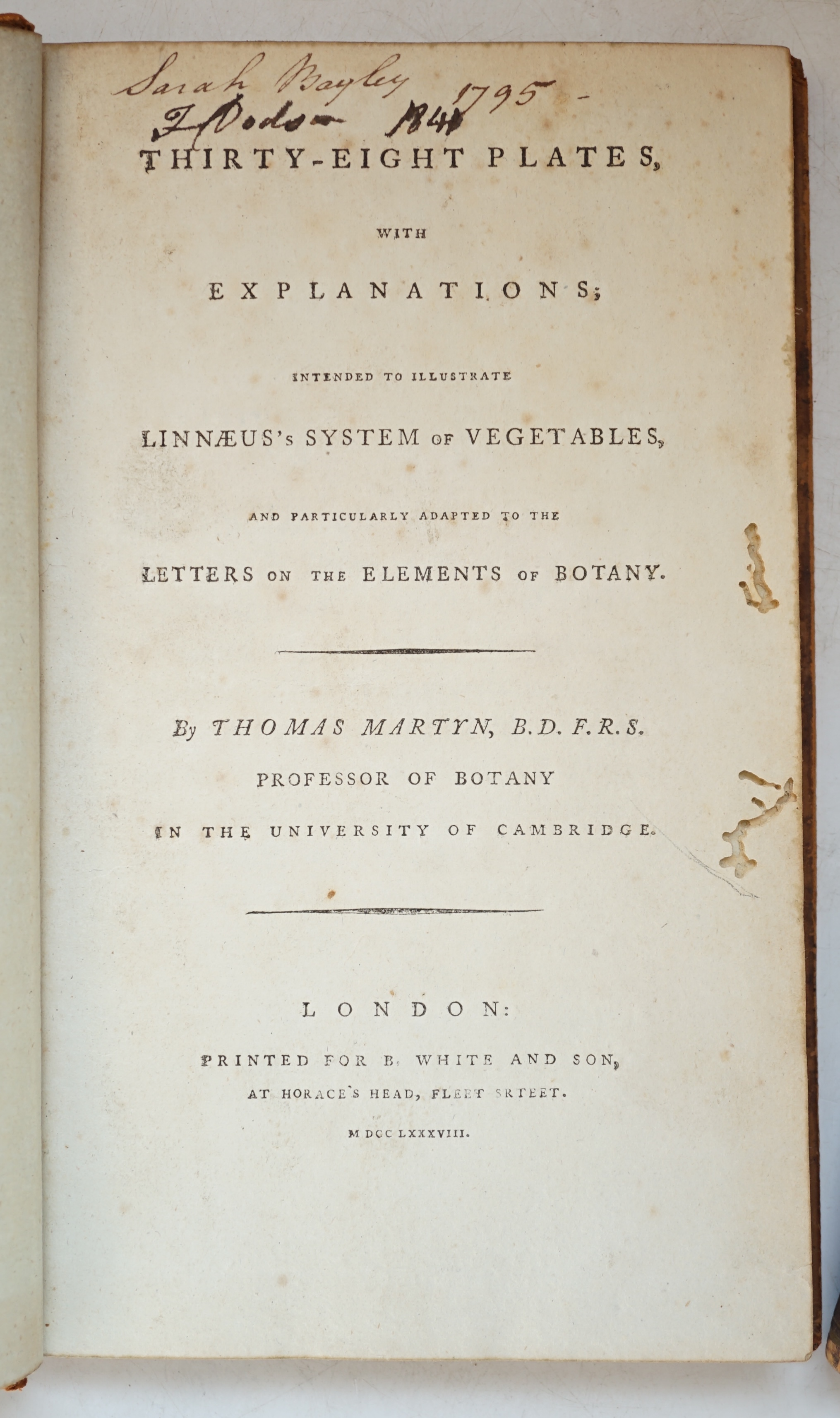 Martyn, Thomas - Thirty-Eight Plates, with Explanations: intended to illustrate Linnaeus's System of Vegetables, 1st edition, 8vo, tree calf, 38 hand-coloured engraved plates by F.R. Nodder, fore-edge margins to leaves u